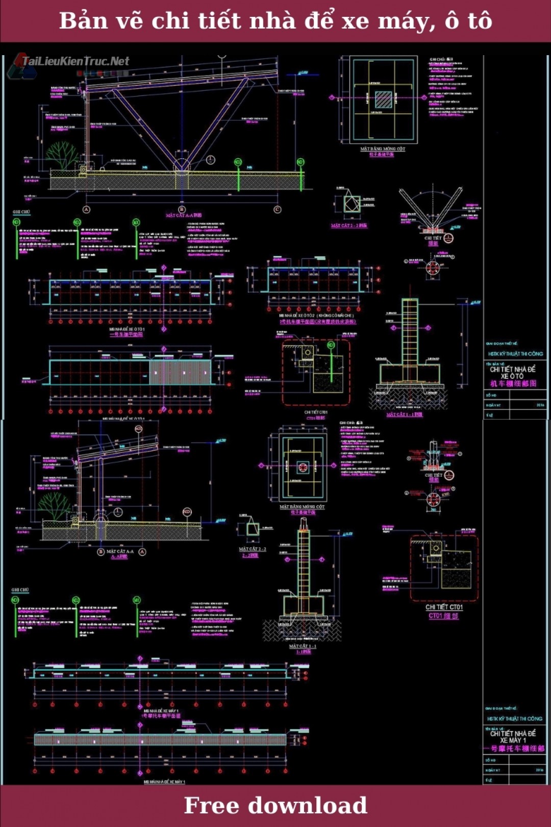 Bản vẽ cad chi tiết nhà để xe máy, ô tô miễn phí