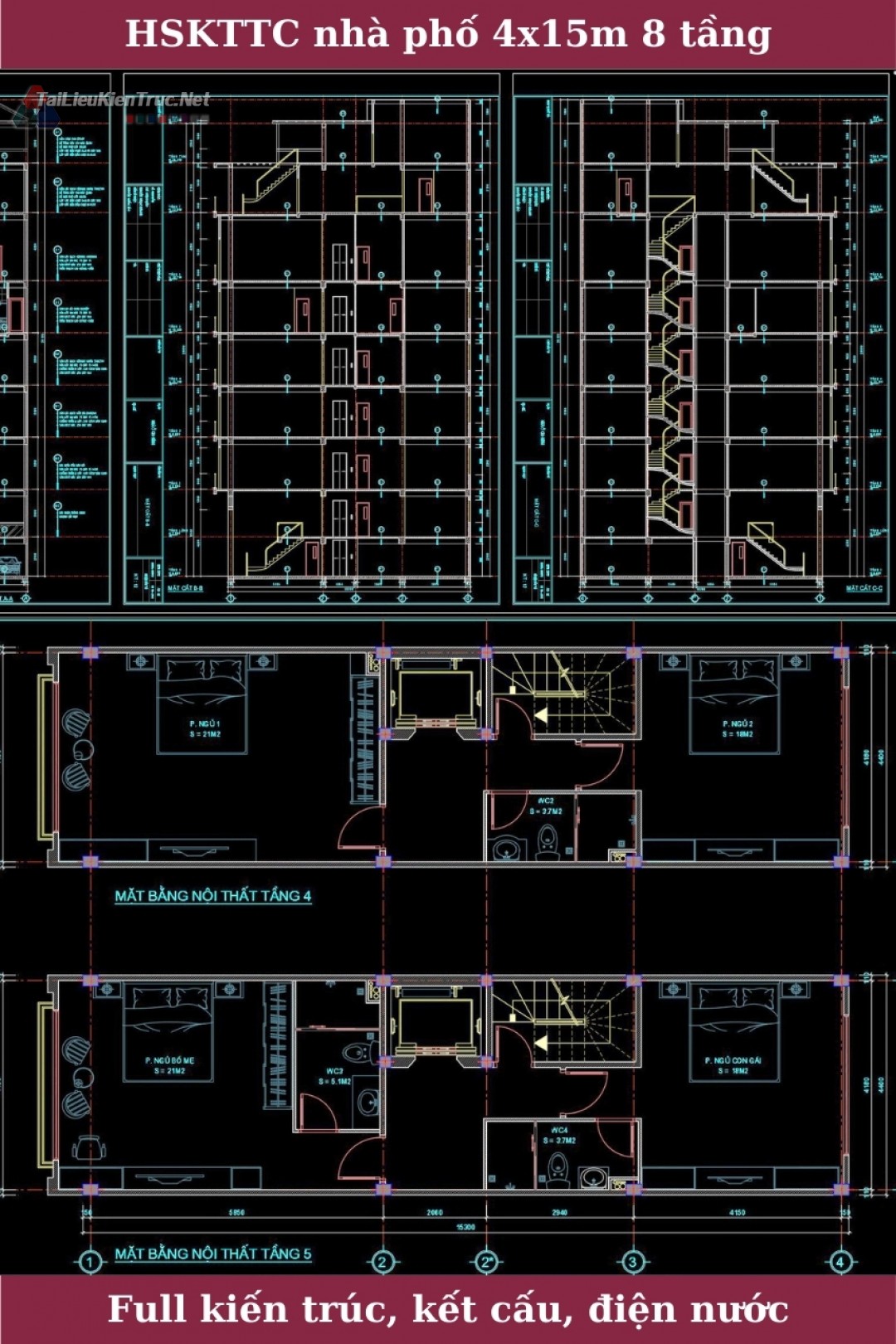 Hồ sơ thiết kế bản vẽ nhà phố 8 Tầng có thang máy diện tích 4.4x15.3m - 153 full kiến trúc, kết cấu và điện nước