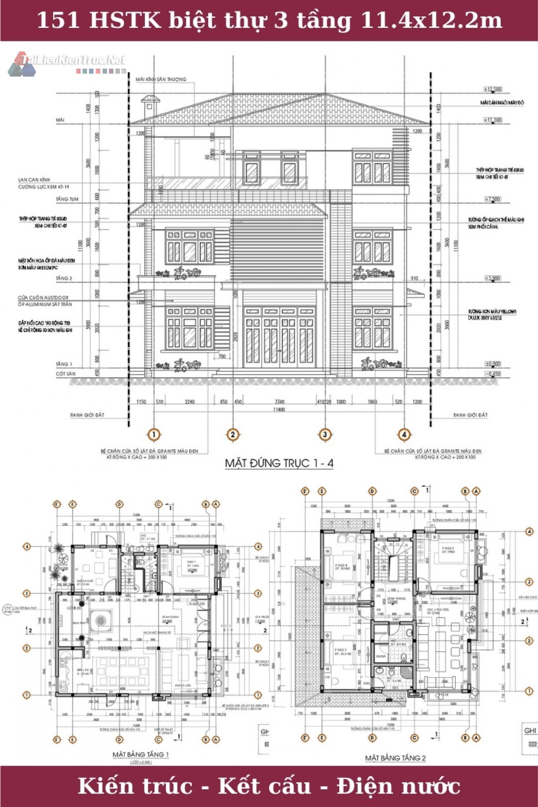 Hồ sơ thiết kế biệt thự 3 tầng mái nhật diện tích 11.4x12.2m full kiến trúc, kết cấu, điện nước