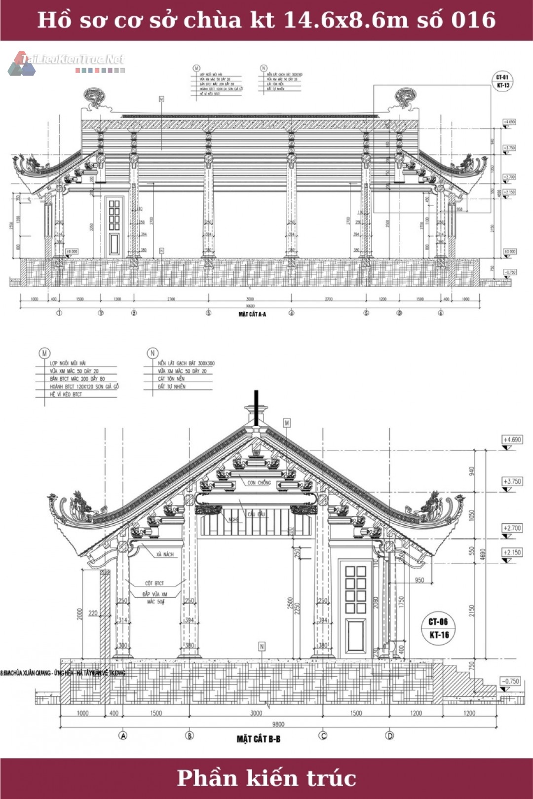 Hồ sơ thiết kế sơ bộ Bản vẽ Chùa với kích thước 14.6x8.6m