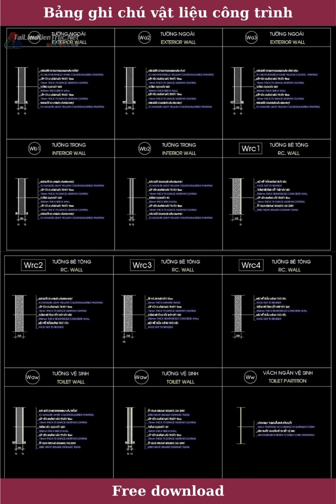 Bảng chi chú vật liệu công trình file Autocad