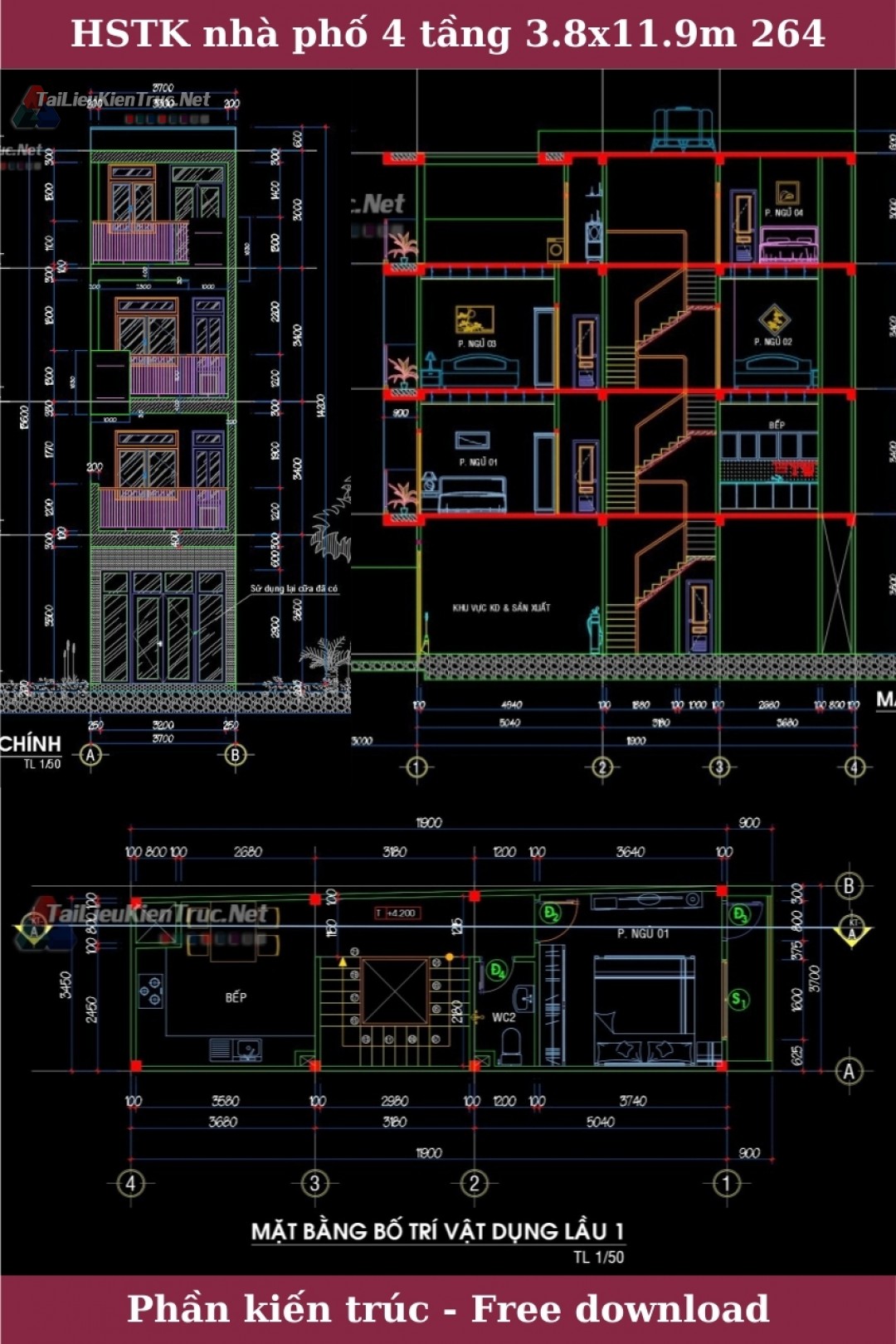 Hồ sơ thiết kế nhà phố 4 tầng diện tích 3.8x11.9m 264