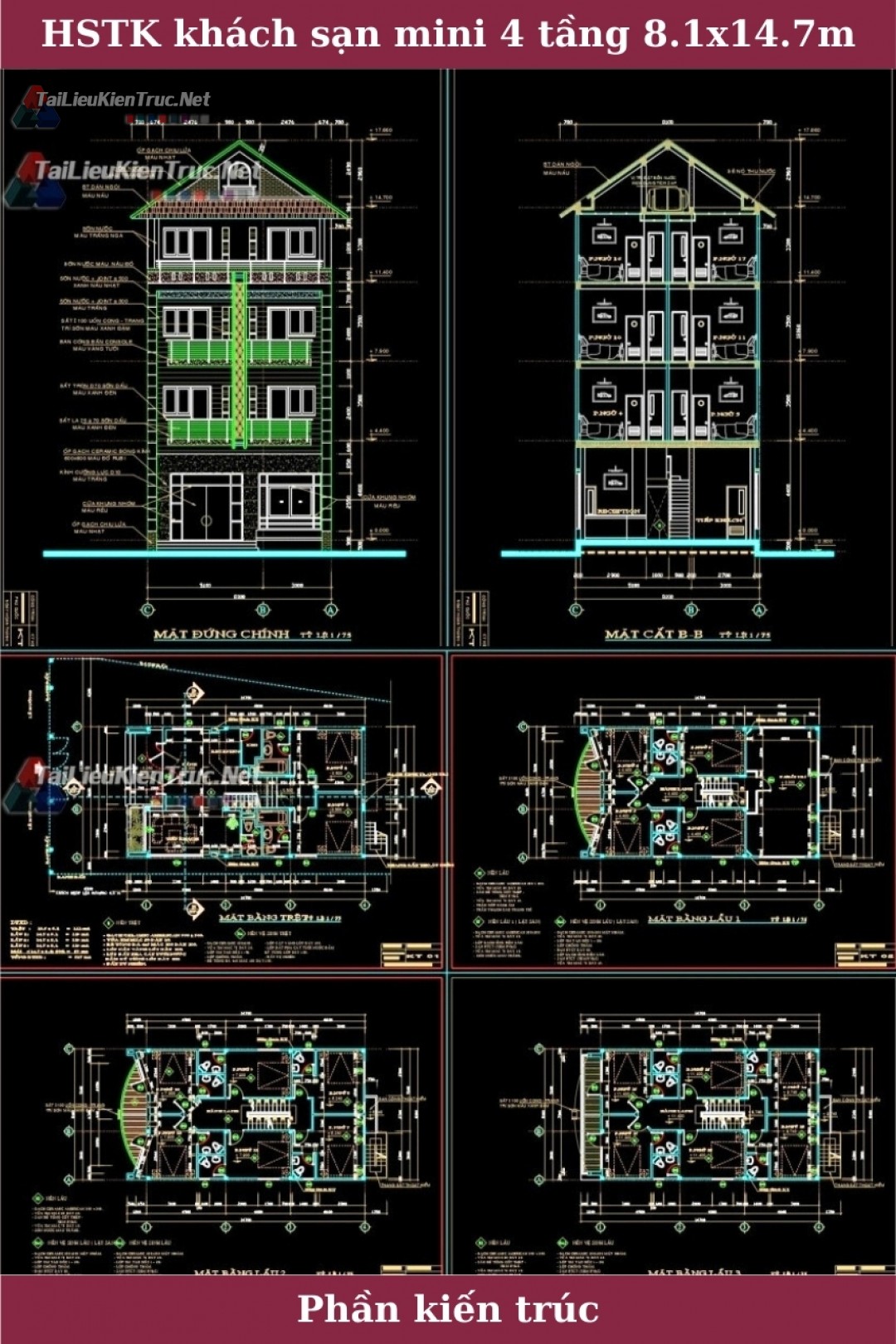 Hồ sơ thiết kế khách sạn mini 4 tầng diện tích 8.1mx14.7m phần kiến trúc