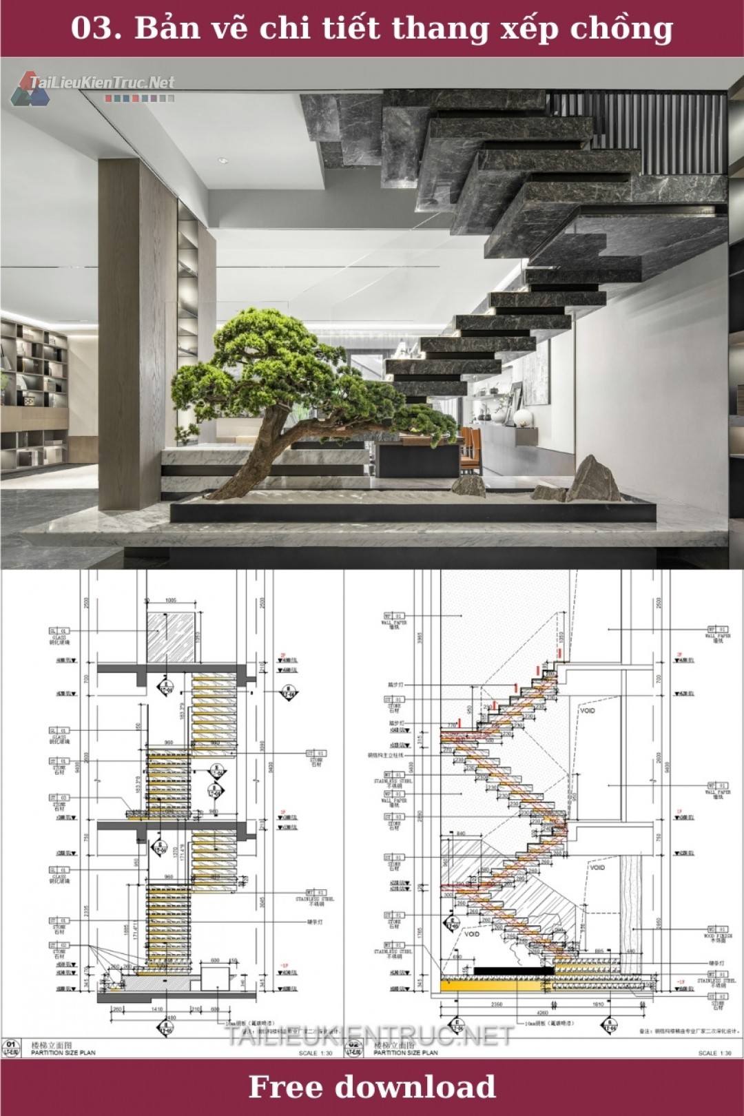 3. Bản vẽ chi tiết thang bậc xếp chồng file Autocad