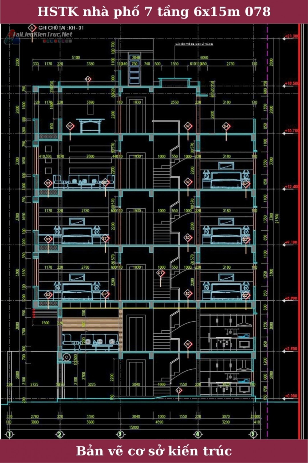 Hồ sơ thiết kế nhà phố 7 tầng có thang máy diện tích 6x15m 078