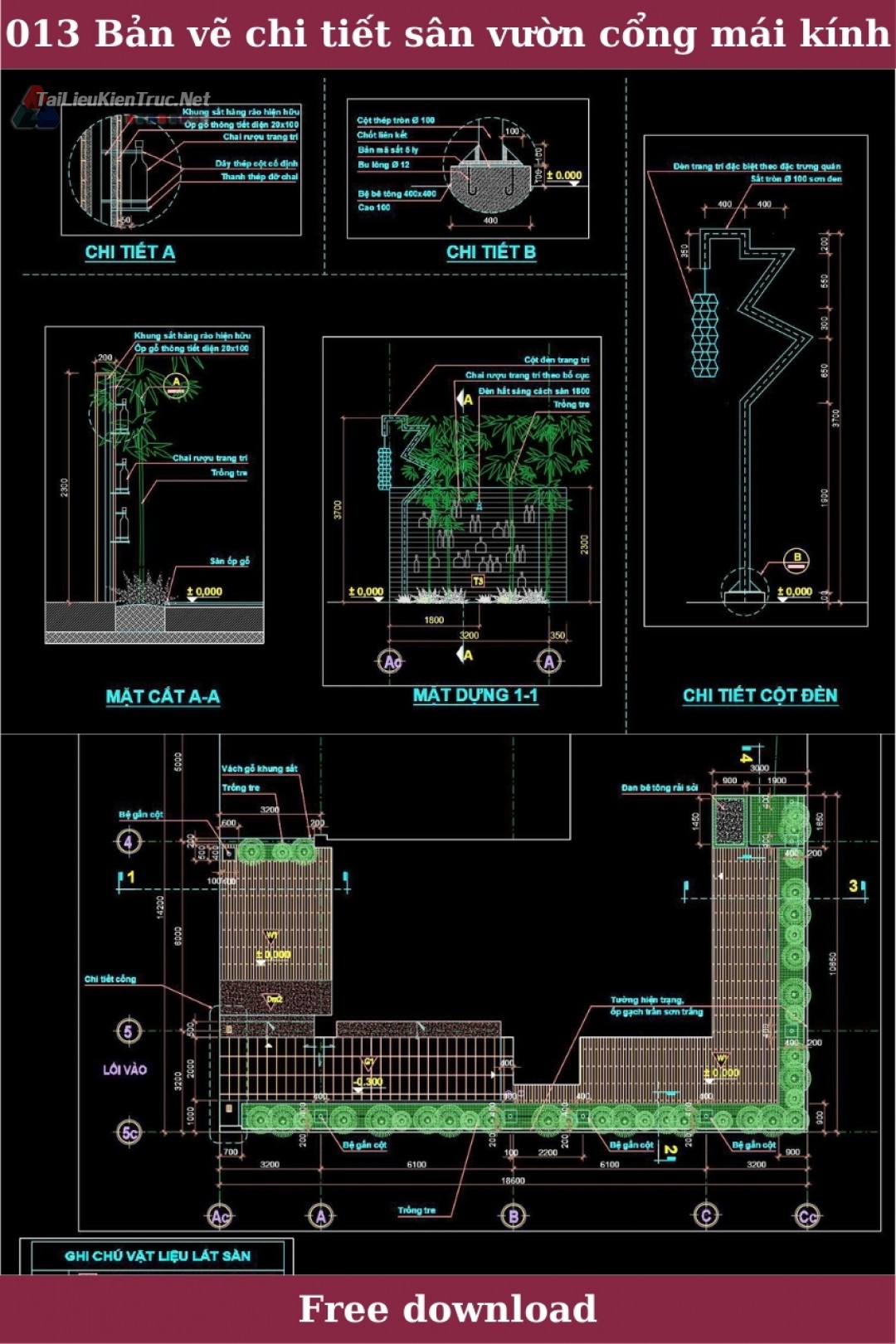 13. Bản vẽ chi tiết sân vườn, cổng, mái kính miễn phí