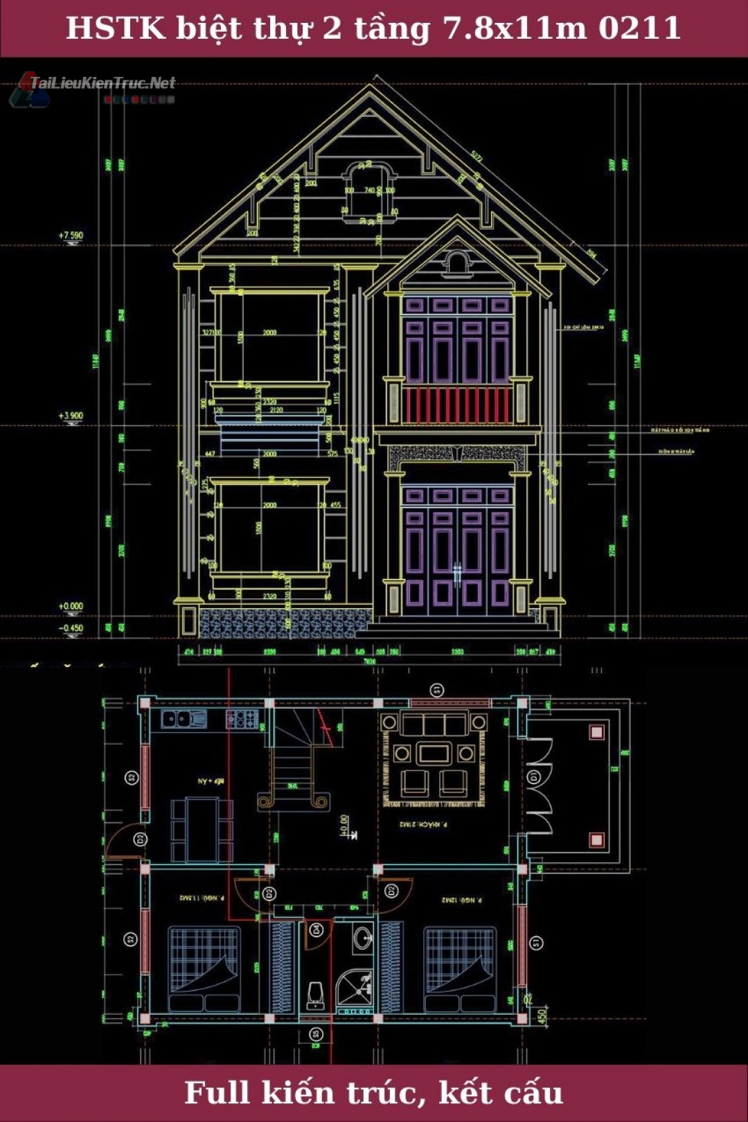 Hồ sơ thiết kế thi công biệt thự 2 tầng kích thước 7.8x11m 0211 full kiến trúc, kết cấu