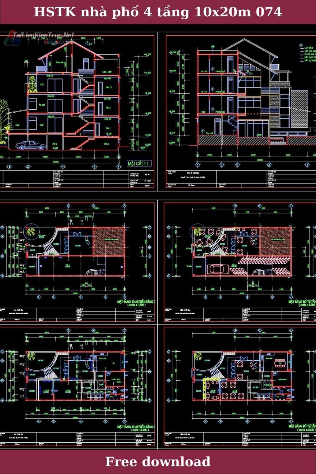 Hồ sơ thiết kế Nhà phố 4 tầng, diện tích 10x20m full Kiến trúc 074