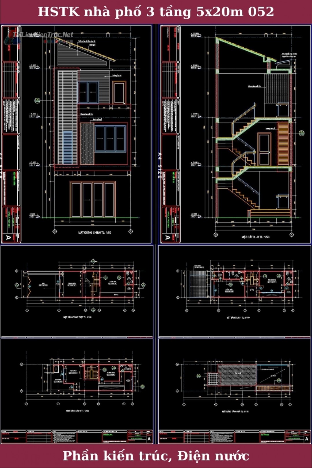 Hồ sơ thiết kế thi công nhà phố 3 tầng diện tích 5x20m 052