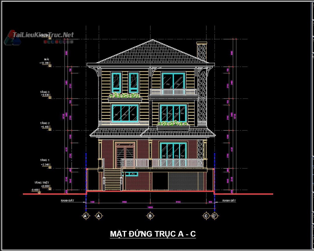 Hồ sơ thiết kế thi công biệt thự 4 tầng kích thước 14x20m 0198  full kiến trúc 