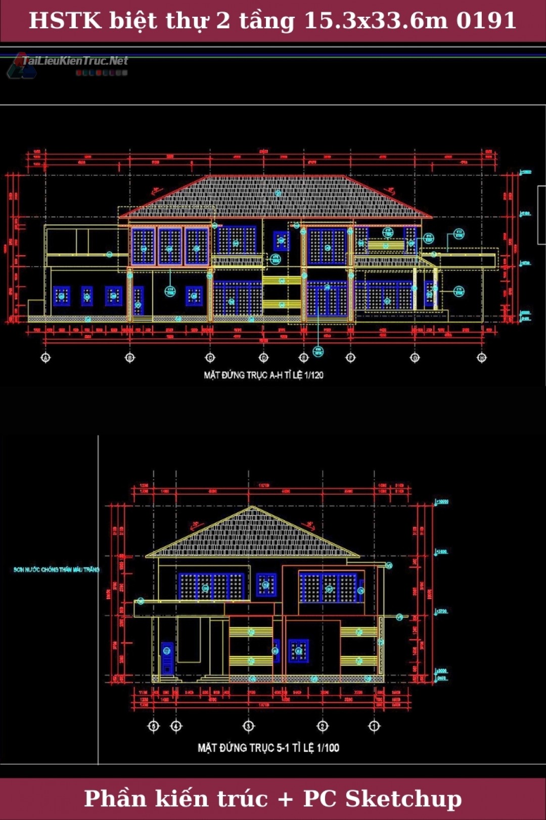 Hồ sơ bản vẽ autocad thiết kế thi công biệt thự 2 tầng kích thước 15.8x33.6m 0191 full kiến trúc