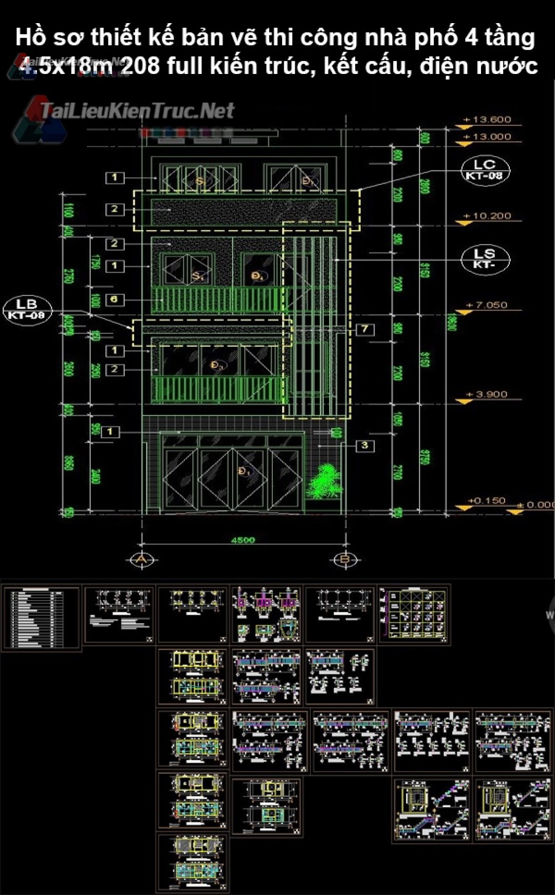 Hồ sơ thiết kế bản vẽ thi công nhà phố 4 tầng 4.5x18m 208 full kiến trúc, kết cấu, điện nước 