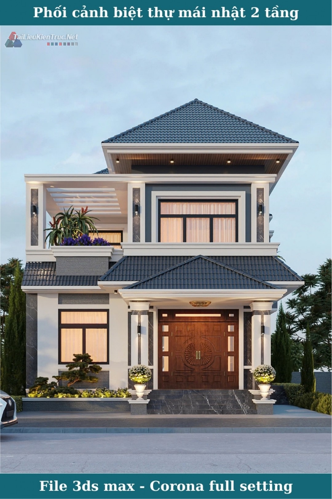 107. Phối cảnh biệt thự mái nhật 2 tầng file 3ds max