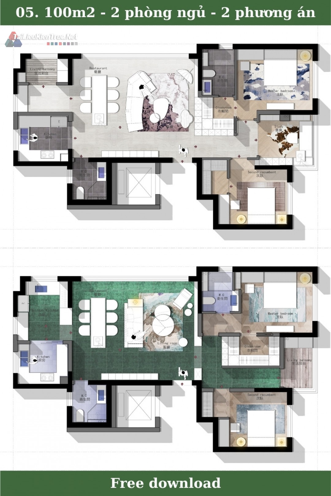 5. Mặt bằng căn hộ 2 phòng ngủ 100m2 2 phương án
