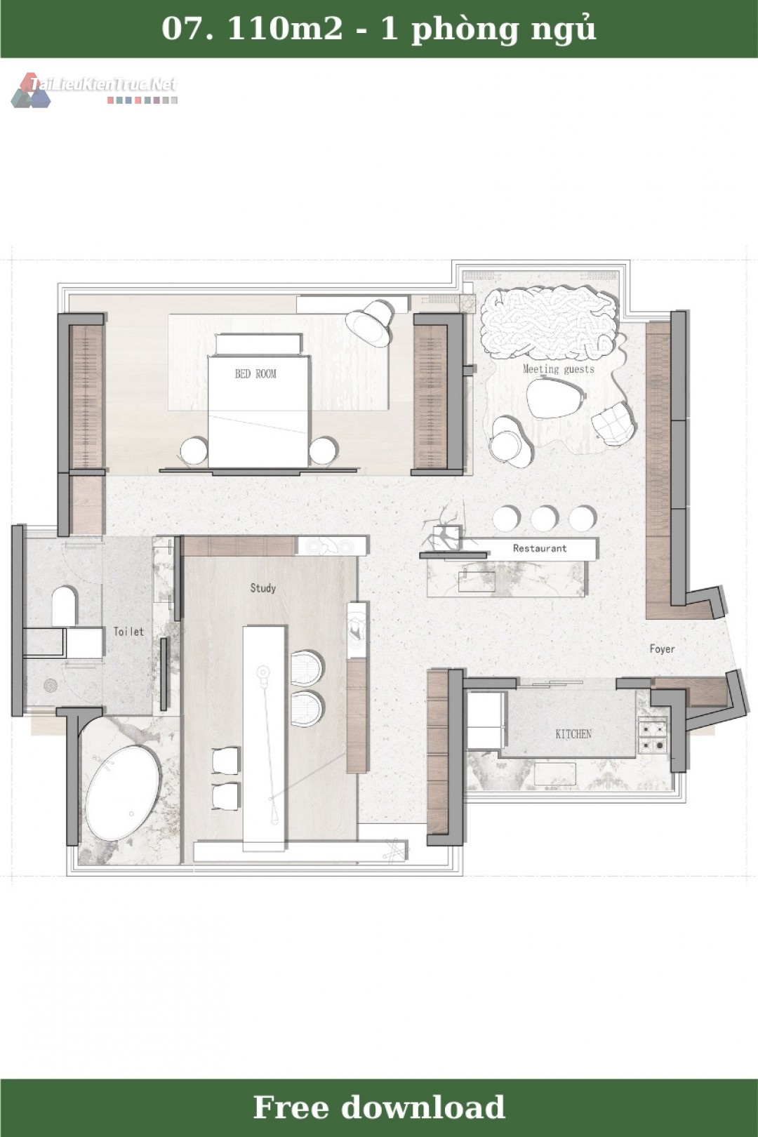 7. Mặt bằng căn hộ 1 phòng ngủ 110m2