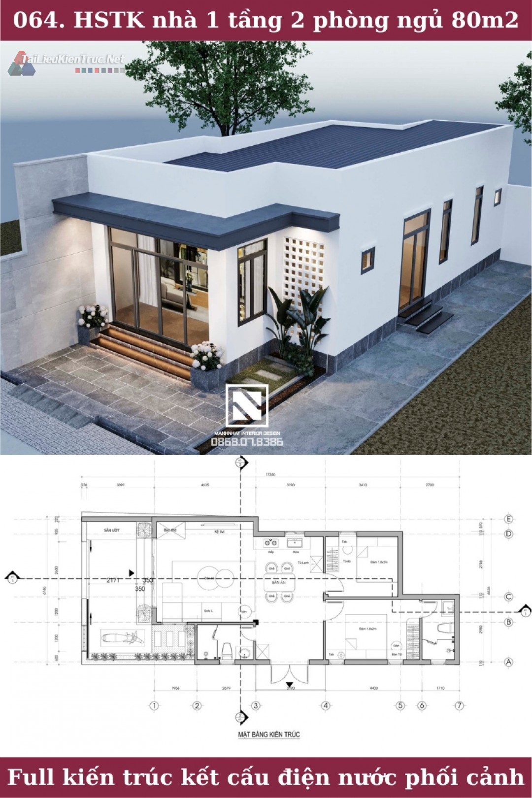 064. HSTK nhà 1 tầng 2 phòng ngủ 80m2 full kiến trúc kết cấu điện nước phối cảnh 3ds max