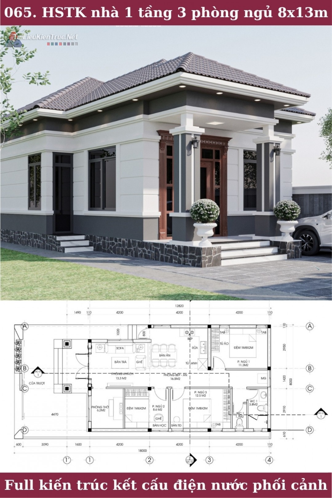 065. Hồ sơ thiết kế nhà 1 tầng mái nhật 3 phòng ngủ 8x13m full kiến trúc kết cấu điện nước phối cảnh 3ds max
