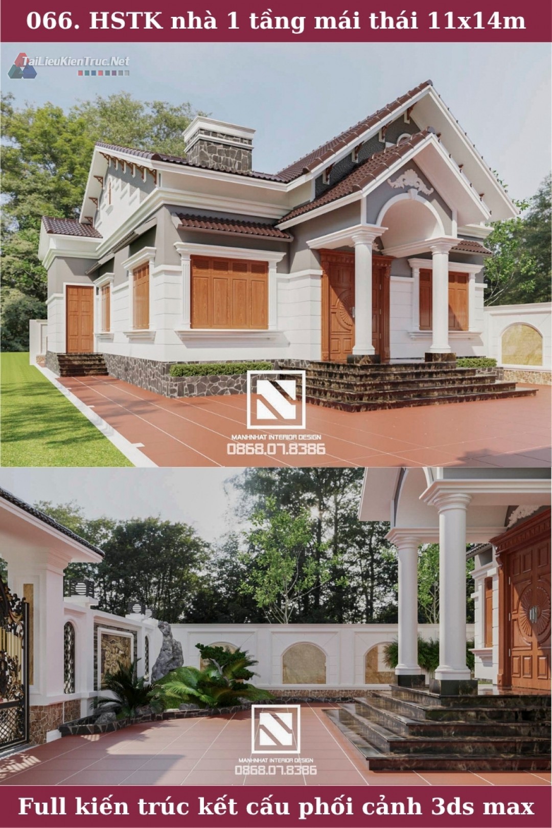 066. Hồ sơ thiết kế nhà 1 tầng mái thái 4 phòng ngủ 11x14m full kiến trúc kết cấu