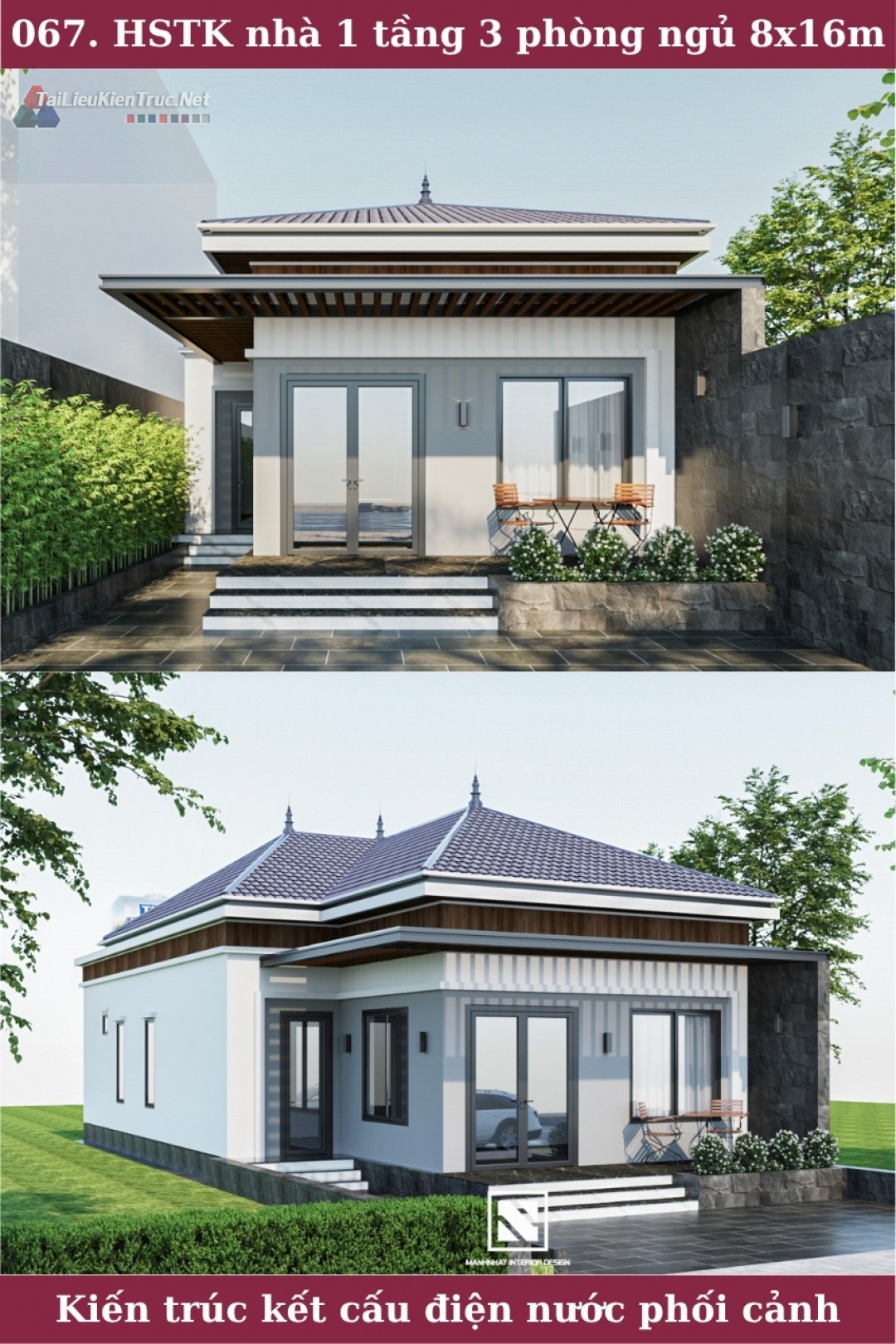 067. Hồ sơ thiết kế nhà 1 tầng 3 phòng ngủ 8x16m full kiến trúc kết cấu điện nước phối cảnh
