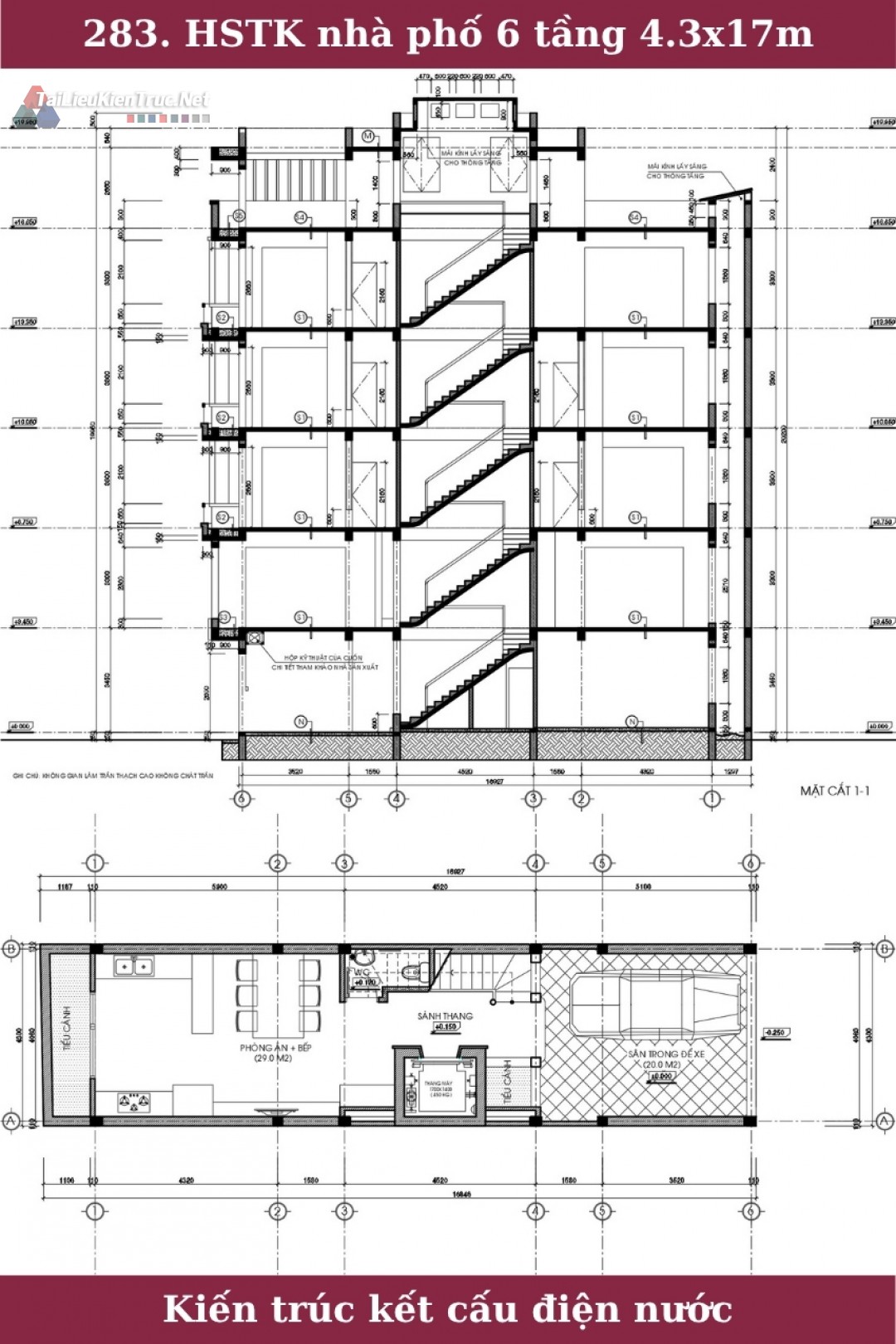 283. Hồ sơ thiết kế nhà phố 6 tầng 4.3x17m full kiến trúc kết cấu điện nước
