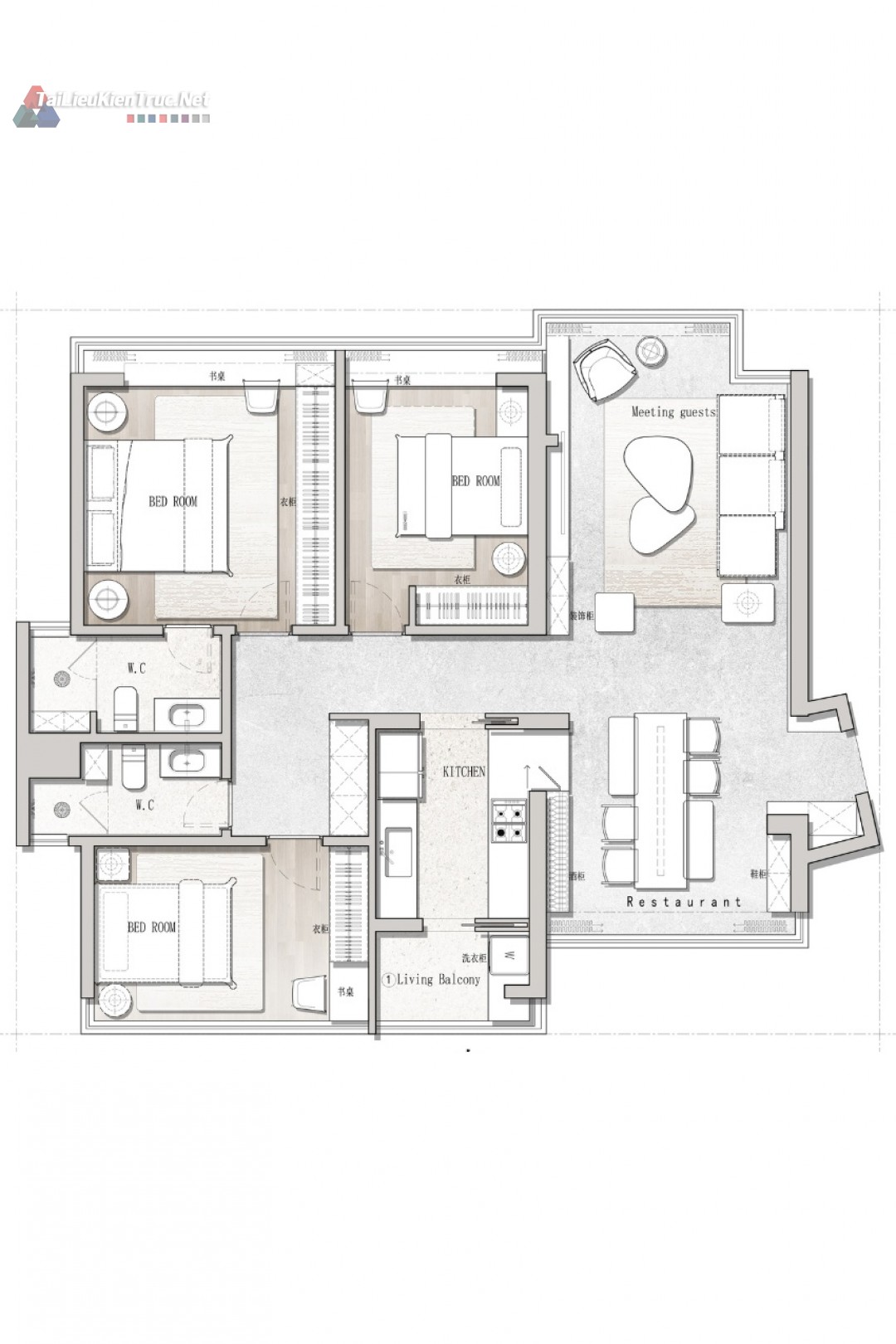 8. Mặt bằng căn hộ 3 phòng ngủ 110m2 cad + psd