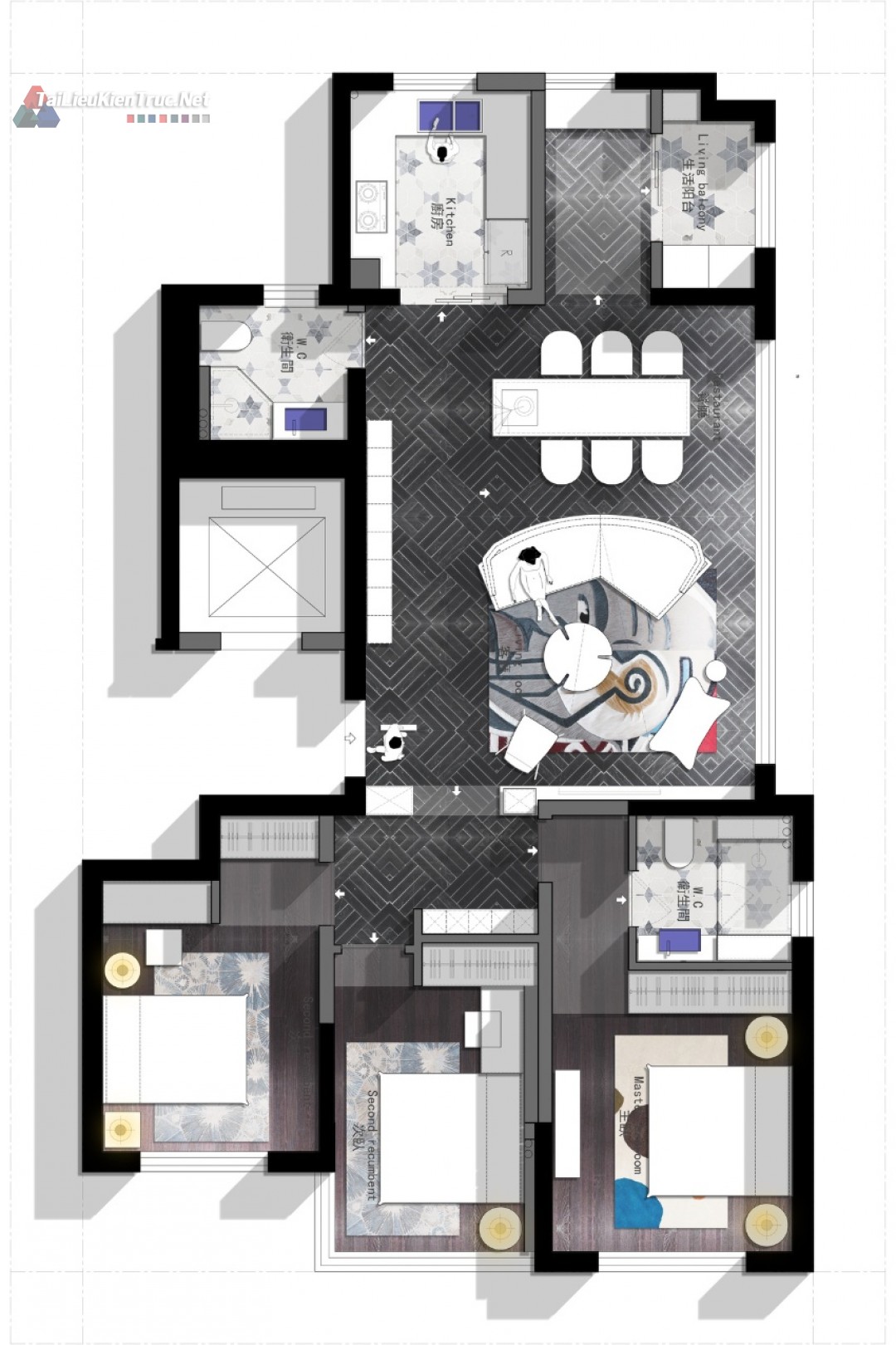 9. Mặt bằng căn hộ 3 phòng ngủ 110m2 file Cad + Psd