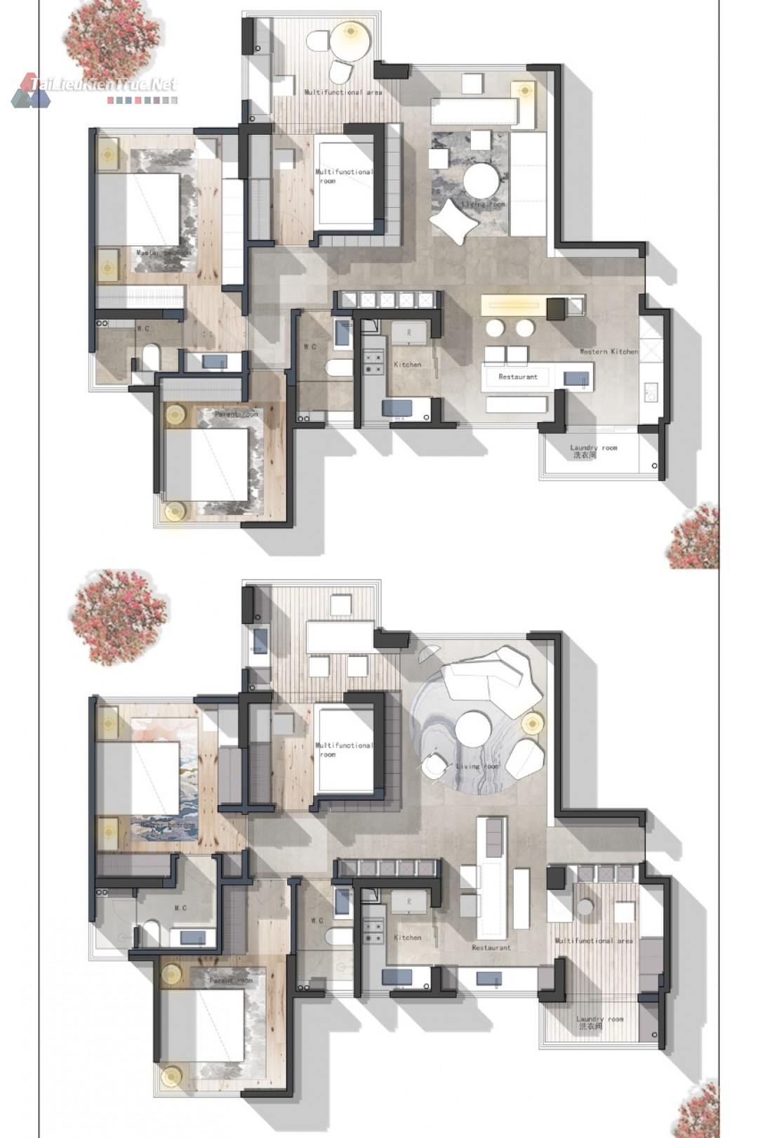10. Mặt bằng căn hộ 3 phòng ngủ 110m2 2 phương án file Cad + Psd