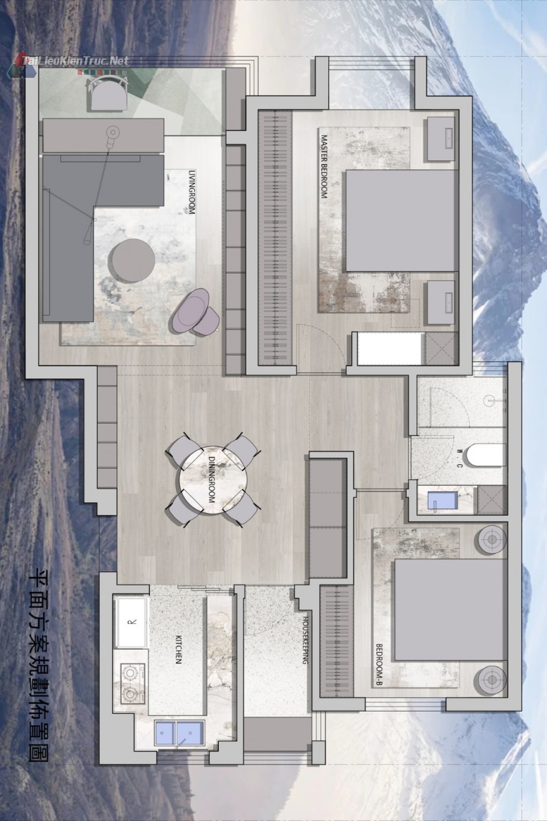File Photoshop mặt bằng căn hộ 2 phòng ngủ file autocad và psd 001