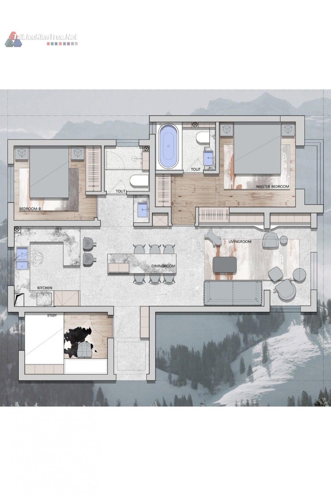 Mặt bằng căn hộ 3 phòng ngủ 100m2 file cad và psd