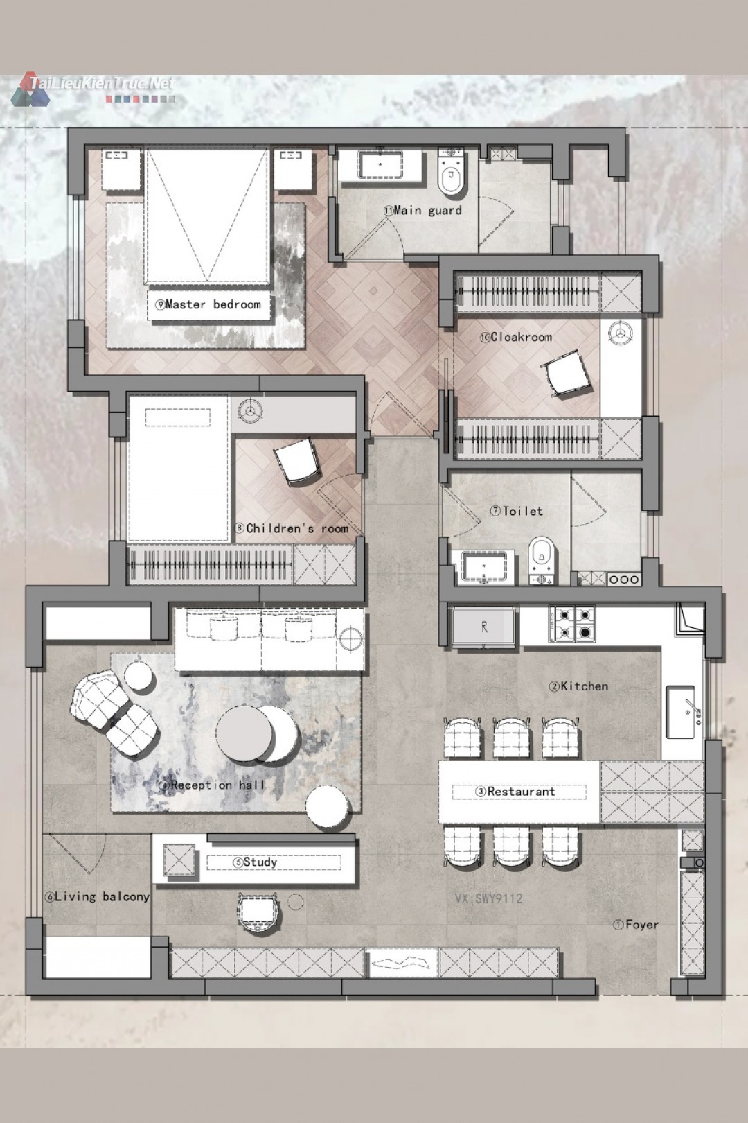 Mặt bằng căn hộ 2 phòng ngủ 100m2 Cad+ Psd 004