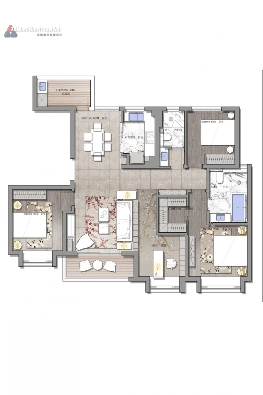 11. Mặt bằng căn hộ 3 phòng ngủ 110m2 file Cad + Psd