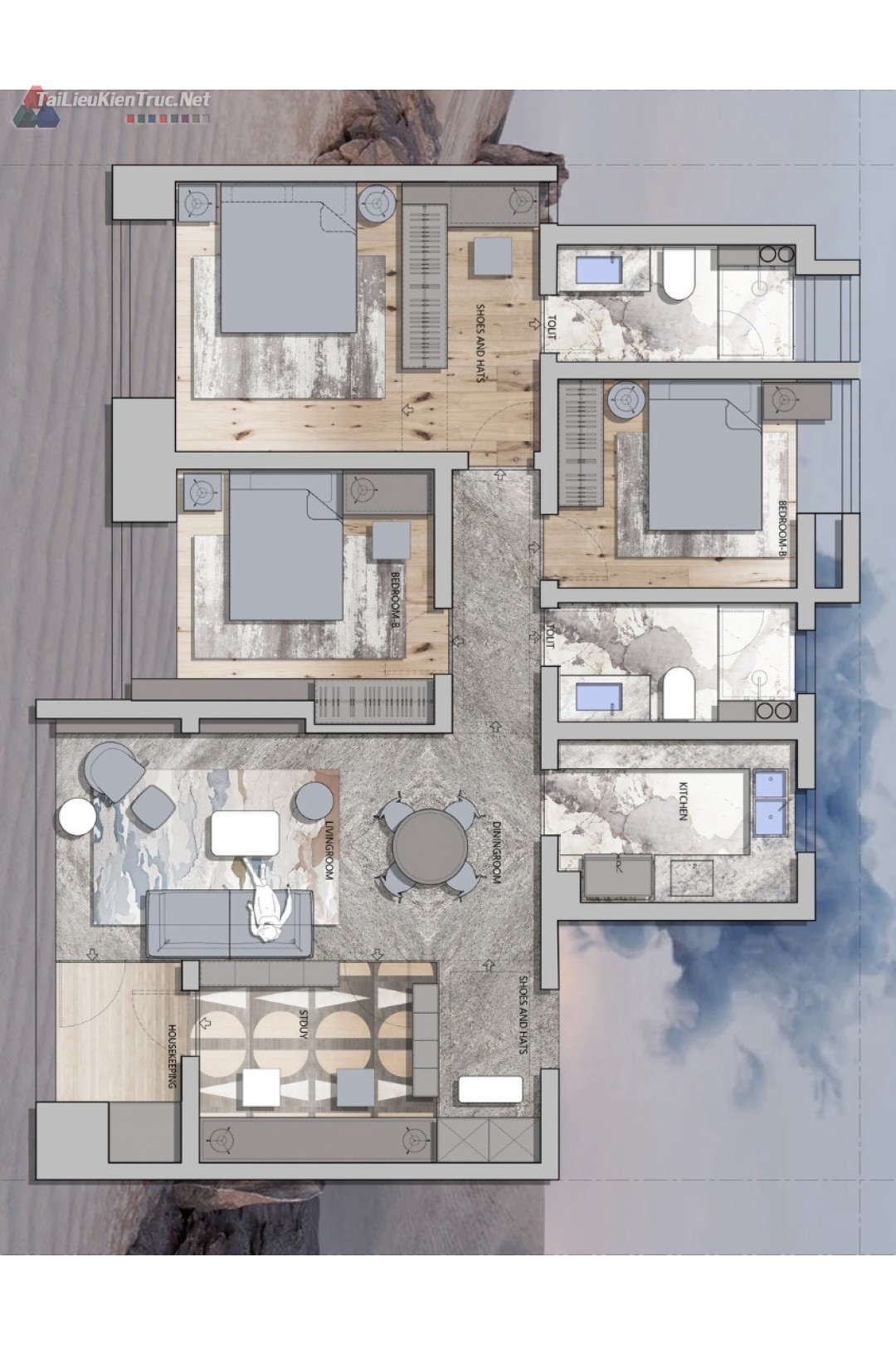 12. Mặt bằng căn hộ 3 phòng ngủ 115m2 file Cad + Psd