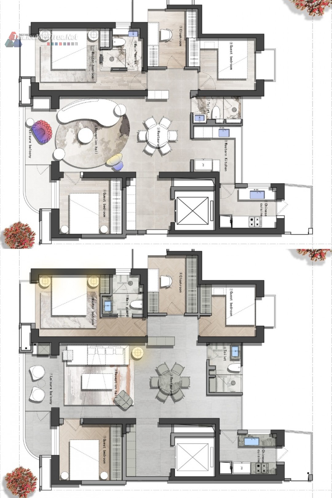 13. Mặt bằng căn hộ 3 phòng ngủ 120m2 2 phương án file Cad + Psd