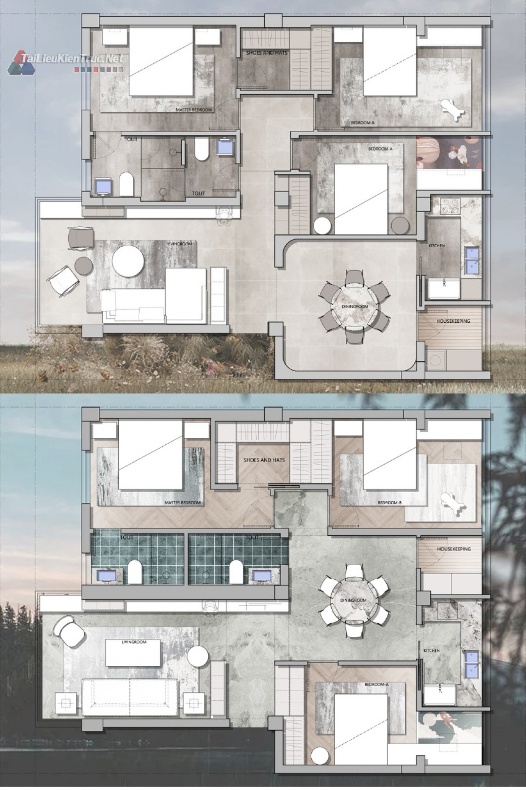 14. Mặt bằng căn hộ 3 phòng ngủ 120m2 2 phương án file Cad + Psd