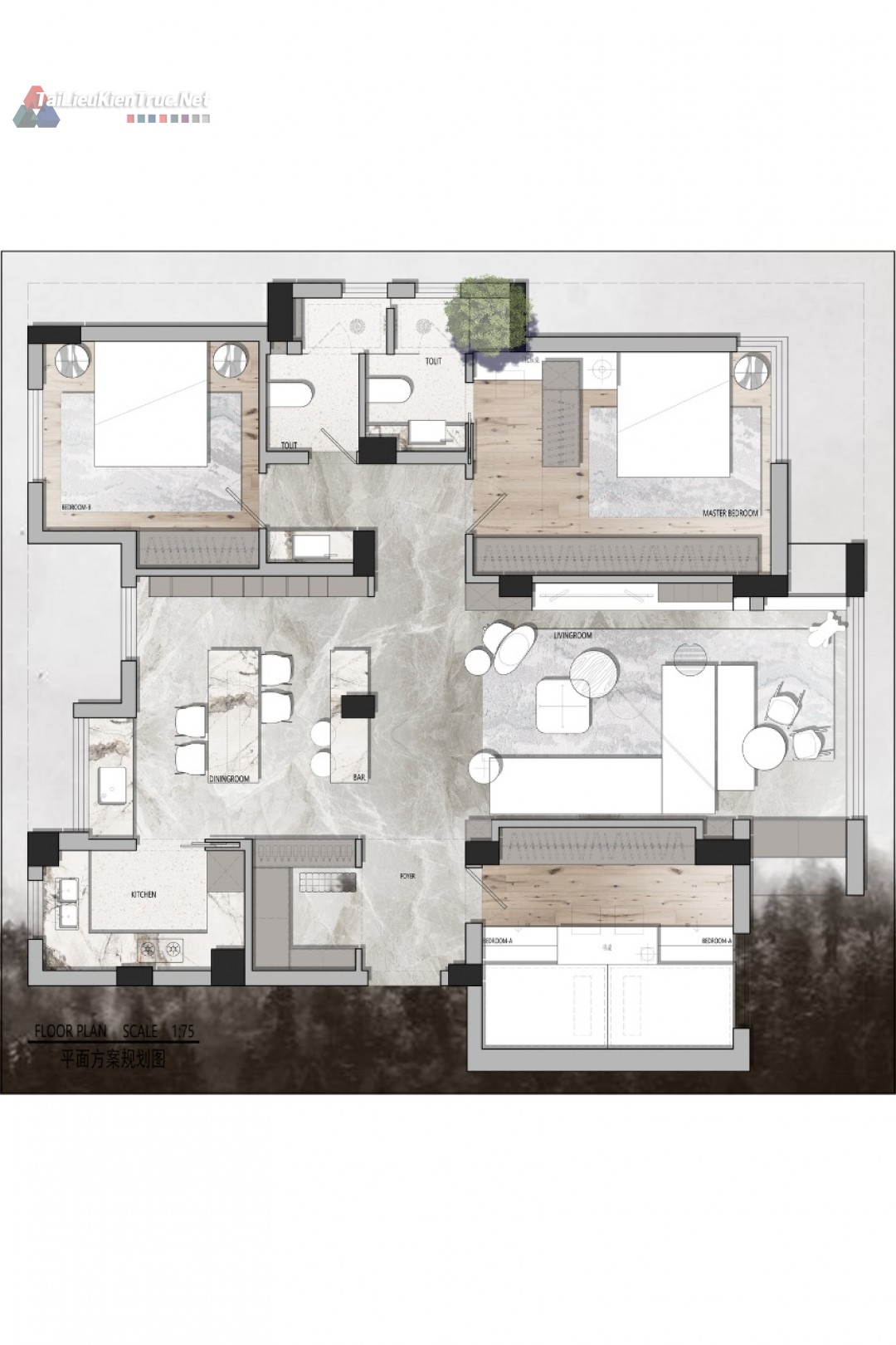 15. Mặt bằng căn hộ 2 phòng ngủ 120m2 file Cad + Psd