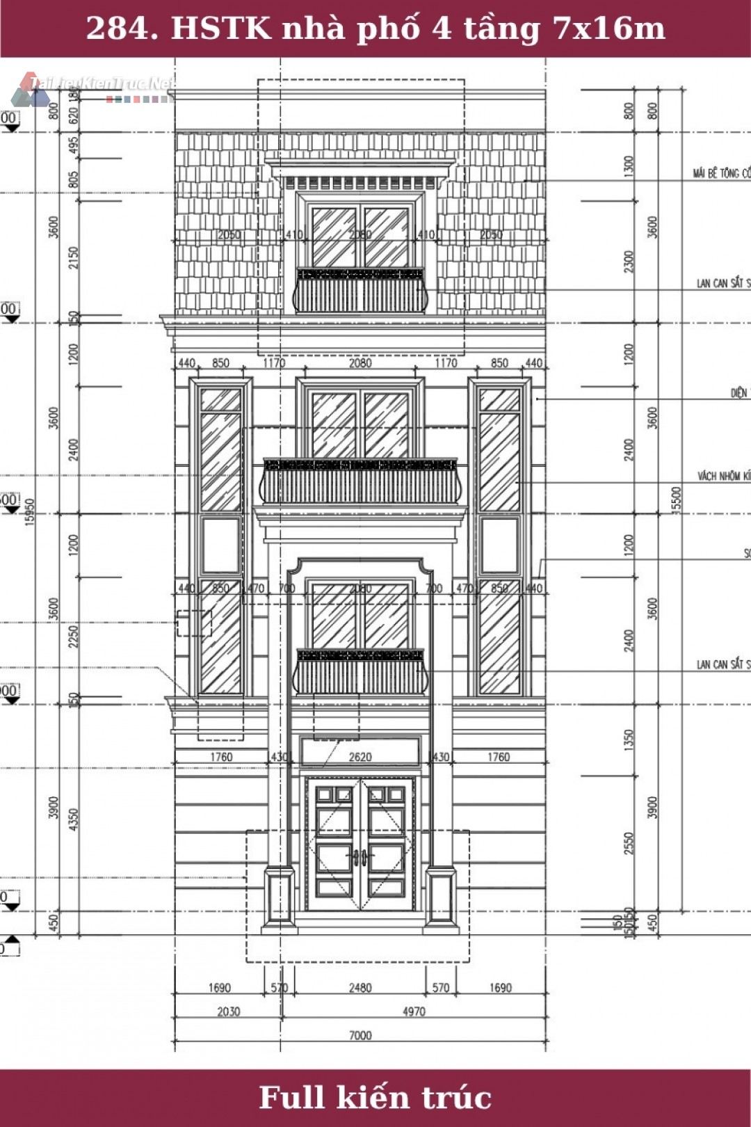 284. Hồ sơ thiết kế nhà phố 4 tầng 7x16m full kiến trúc