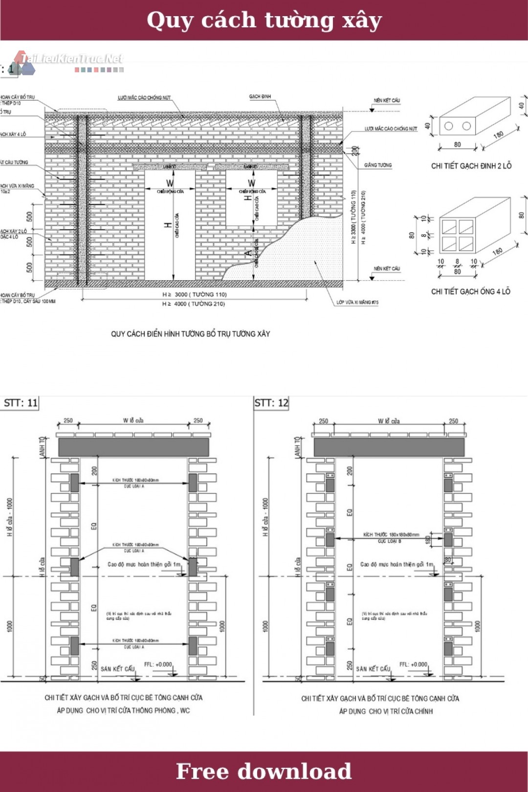 2. Bản vẽ Cad quy cách tường xây miễn phí