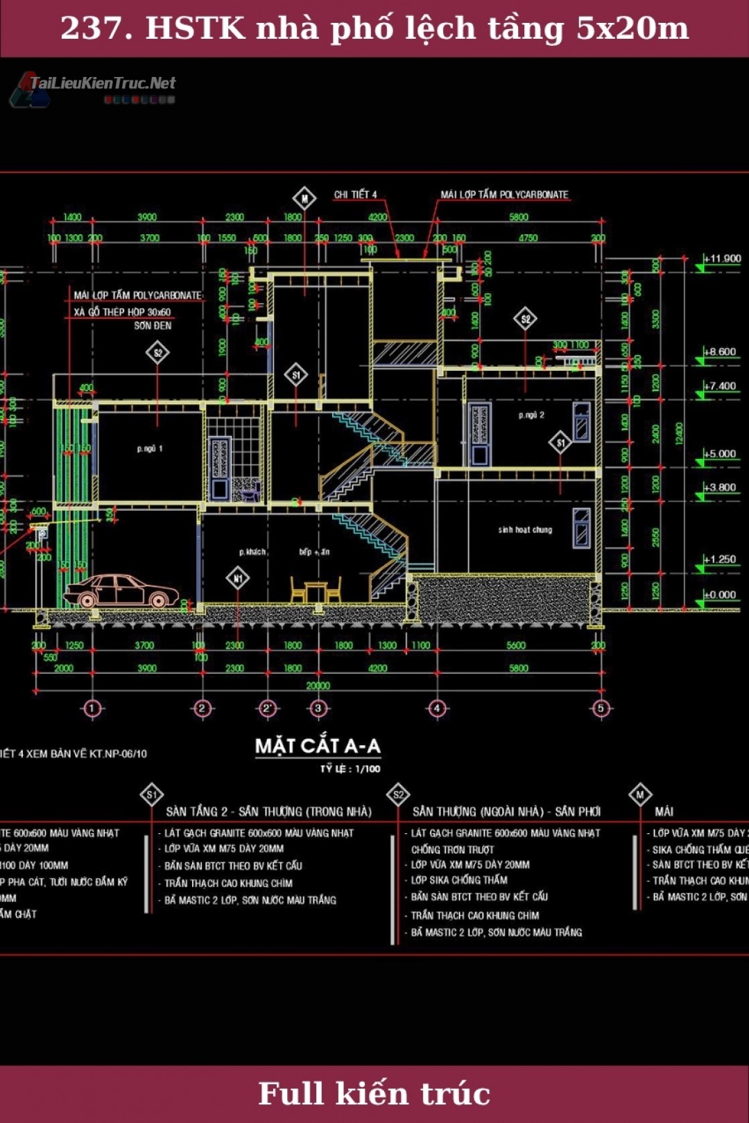 Hồ sơ thiết kế bản vẽ thi công nhà phố lệch tầng diện tích 5x20m 237 ful kiến trúc 