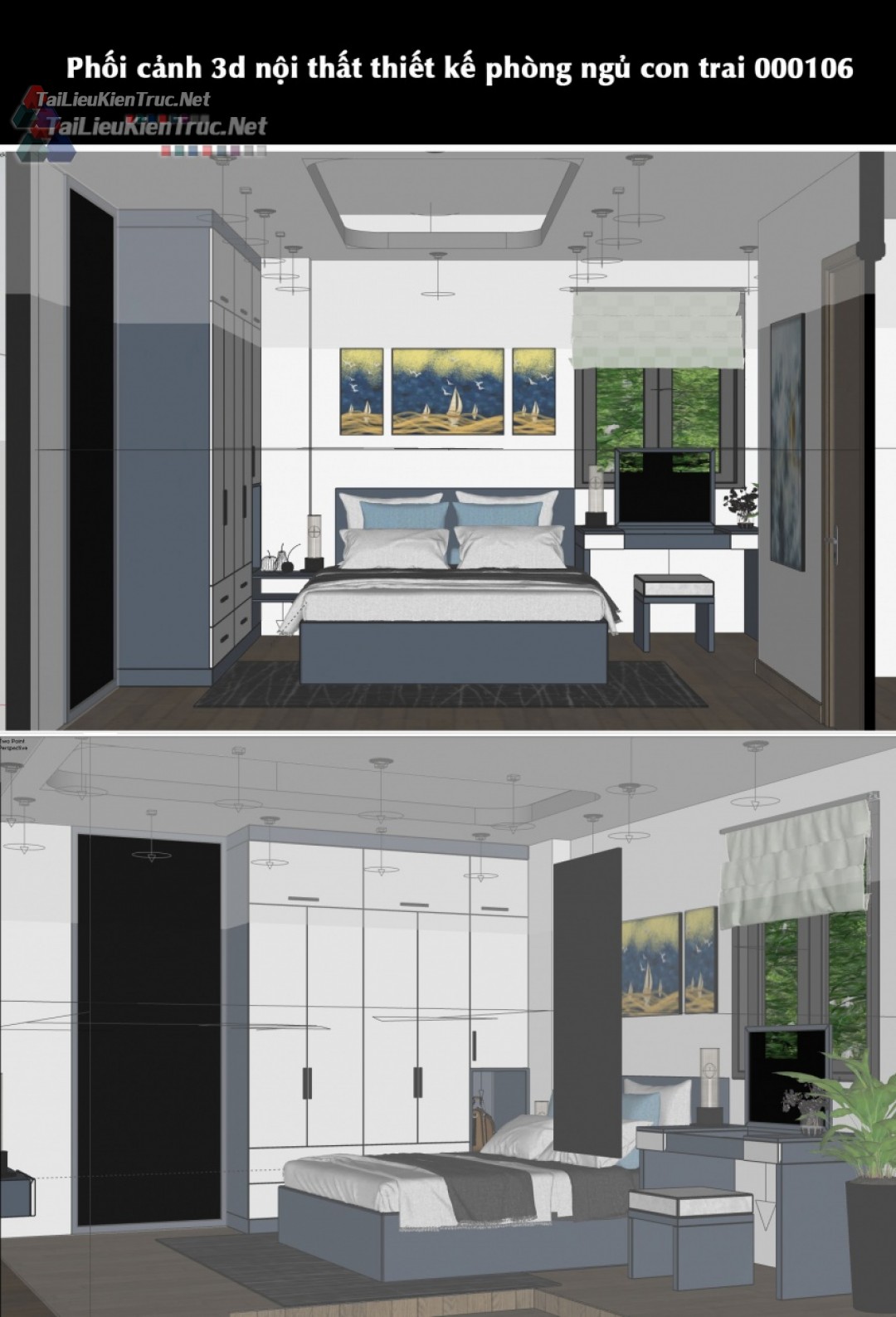Phối cảnh 3d sketchup nội thất thiết kế phòng ngủ con trai 000106