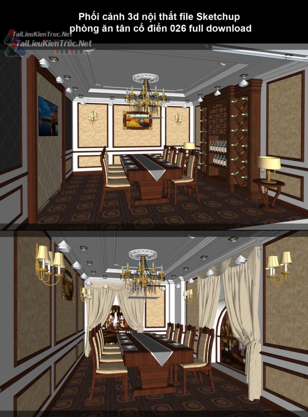 Phối cảnh 3d nội thất file Sketchup phòng ăn tân cổ điển 026 full download
