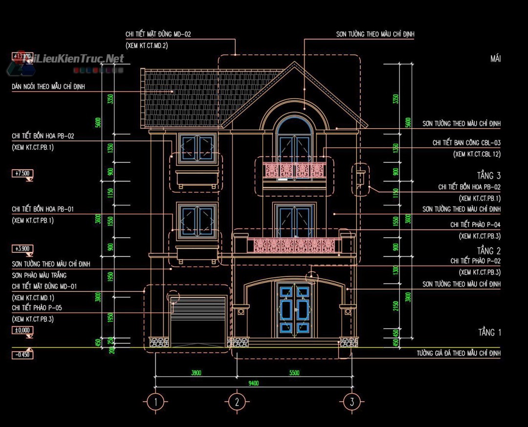 Hồ sơ thiết kế bản vẽ Biệt thự 3 Tầng Vincom Sài Đồng Long Biên diện tích 9.2x12.6m 0217 kiến trúc sơ bộ