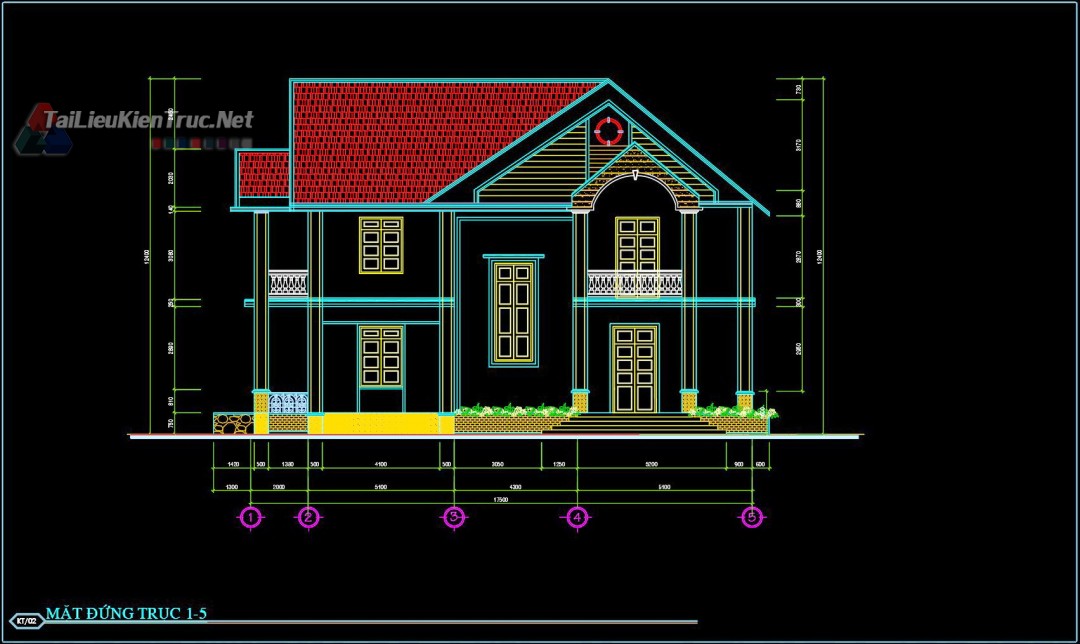 Hồ sơ thiết kế bản vẽ Biệt thự 2 Tầng diện tích 10x17.5m 0216 full kiến trúc, kết cấu