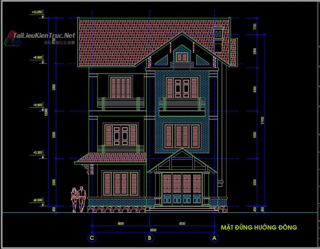 Hồ sơ thiết kế bản vẽ Biệt thự 3 Tầng diện tích 8.5x13.6m 0218 kiến trúc sơ bộ
