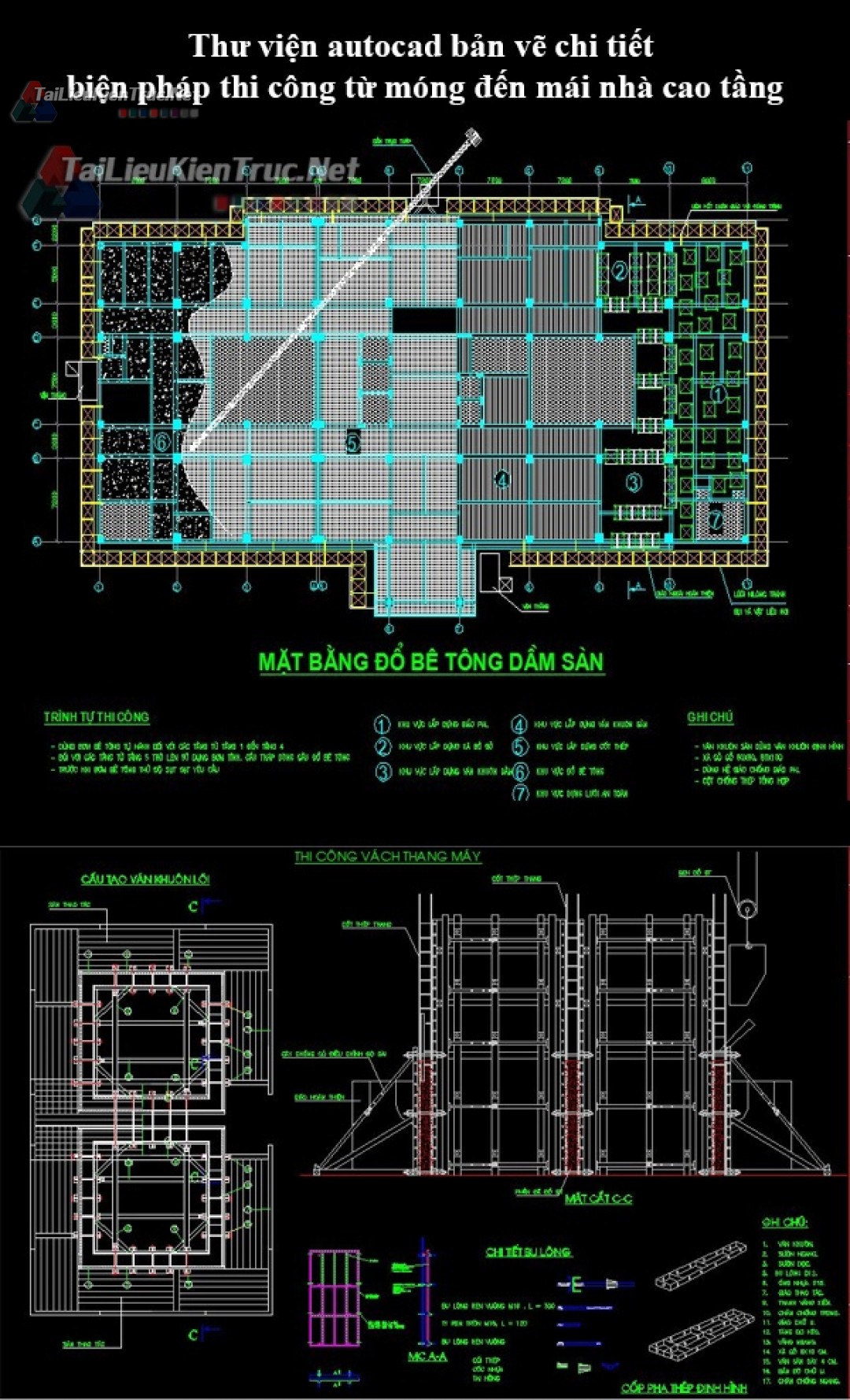 Thư viện autocad bản vẽ chi tiết biện pháp thi công từ móng đến mái nhà cao tầng