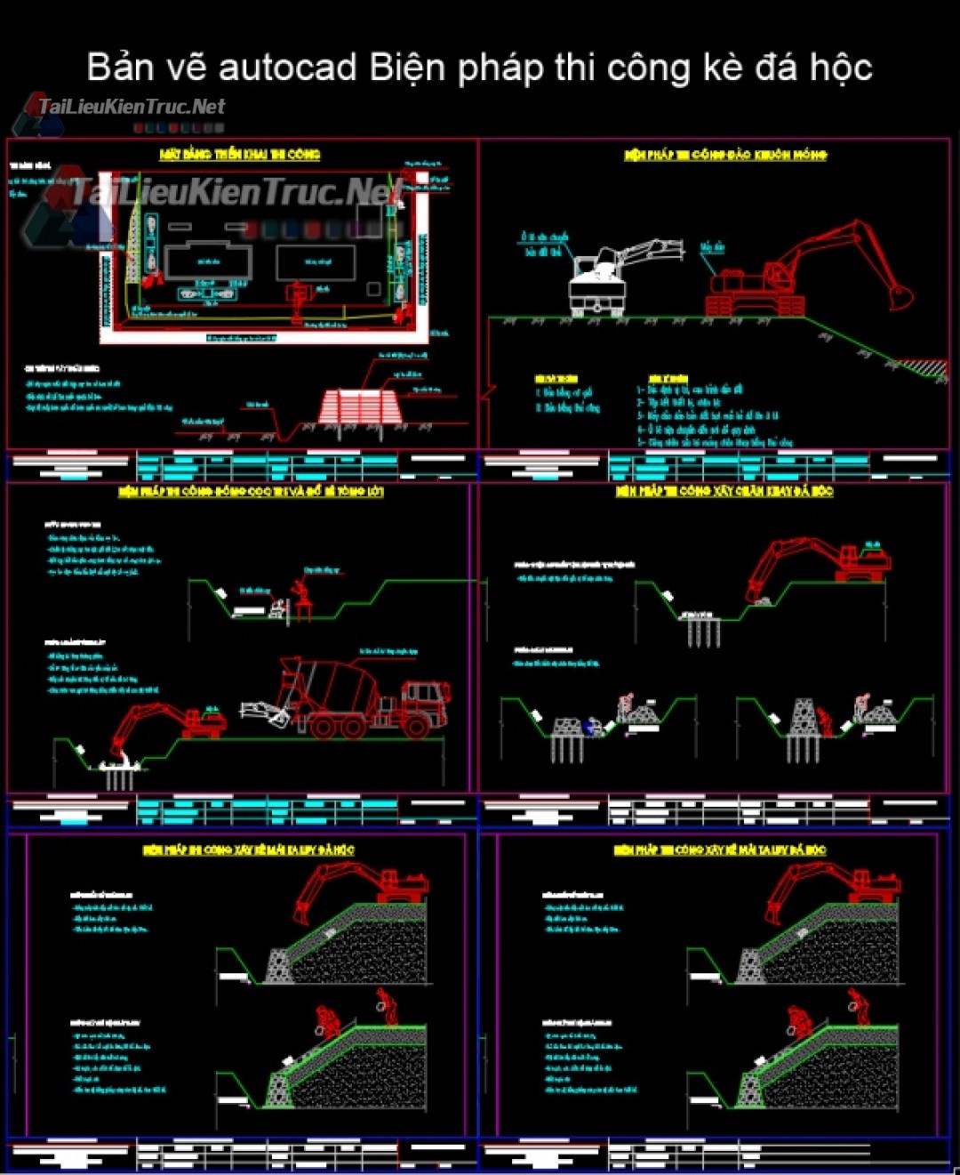 Bản vẽ autocad Biện pháp thi công kè đá hộc