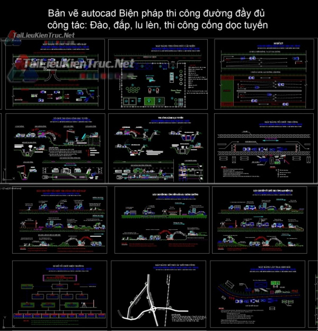 Bản vẽ autocad Biện pháp thi công đường đầy đủ công tác: Đào, đắp, lu lèn, thi công cống dọc tuyến