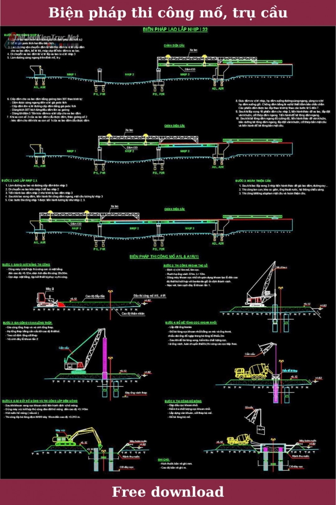 Bản vẽ autocad Biện pháp thi công mố, trụ cầu