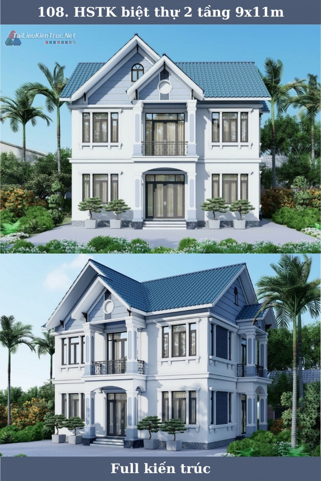 108. Hồ sơ thiết kế biệt thự 2 tầng mái thái 9x11m full kiến trúc