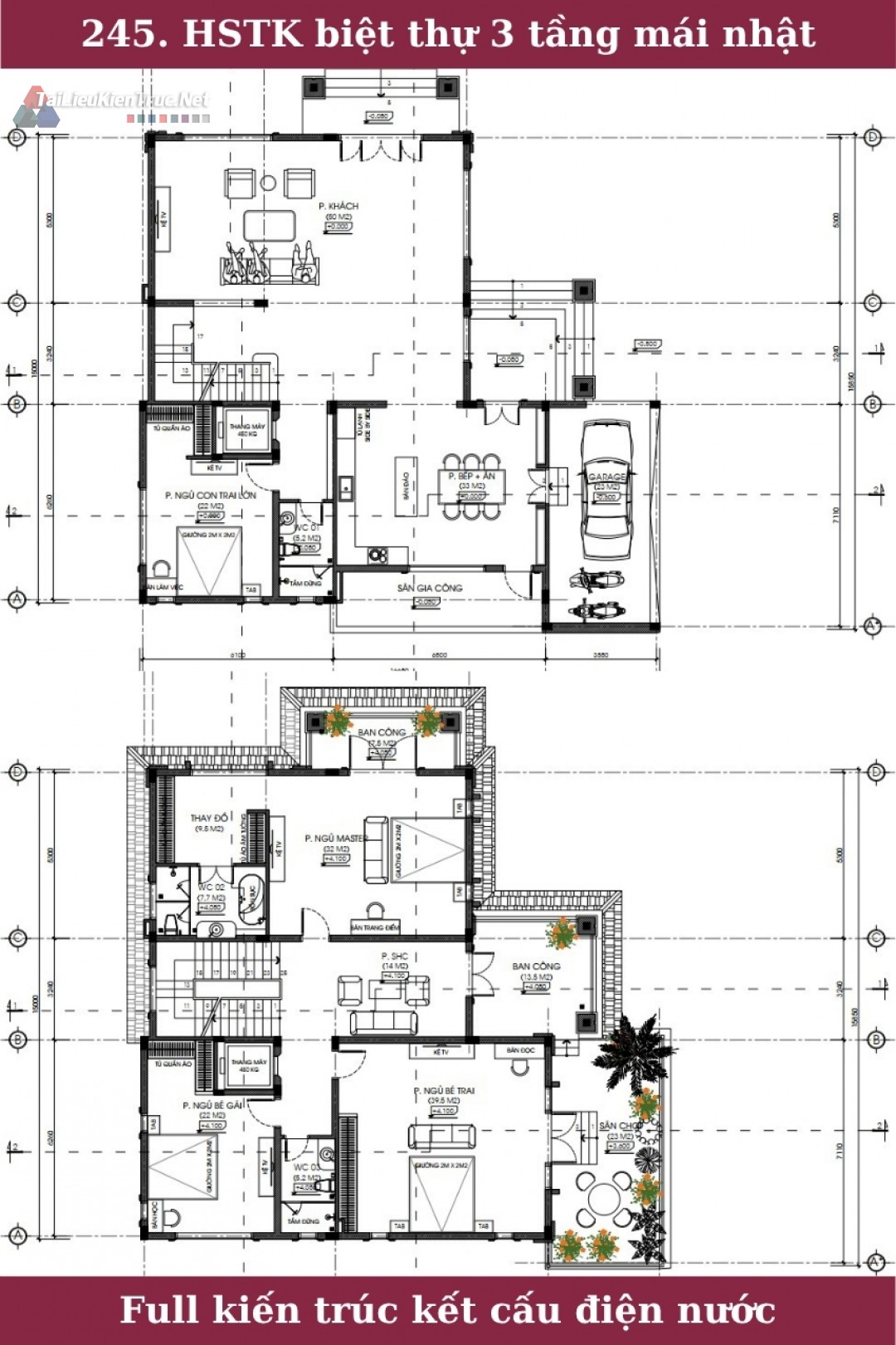 245. Hồ sơ thiết kế biệt thự 3 tầng mái nhật 15x16.7m full kiến trúc kết cấu điện nước
