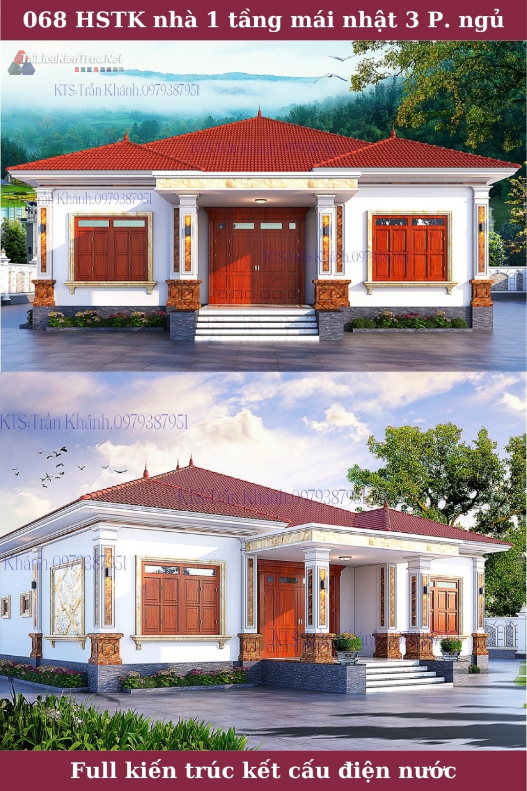 068. Hồ sơ thiết kế Biệt thự mái nhật 1 tầng 14x27m full kiến trúc kết cấu điện nước